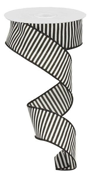 Ribbon Traditions Narrow Farmhouse Stripes Burlap Wired Ribbon 2 1/2 By 25  Yards - Black / Off-White 