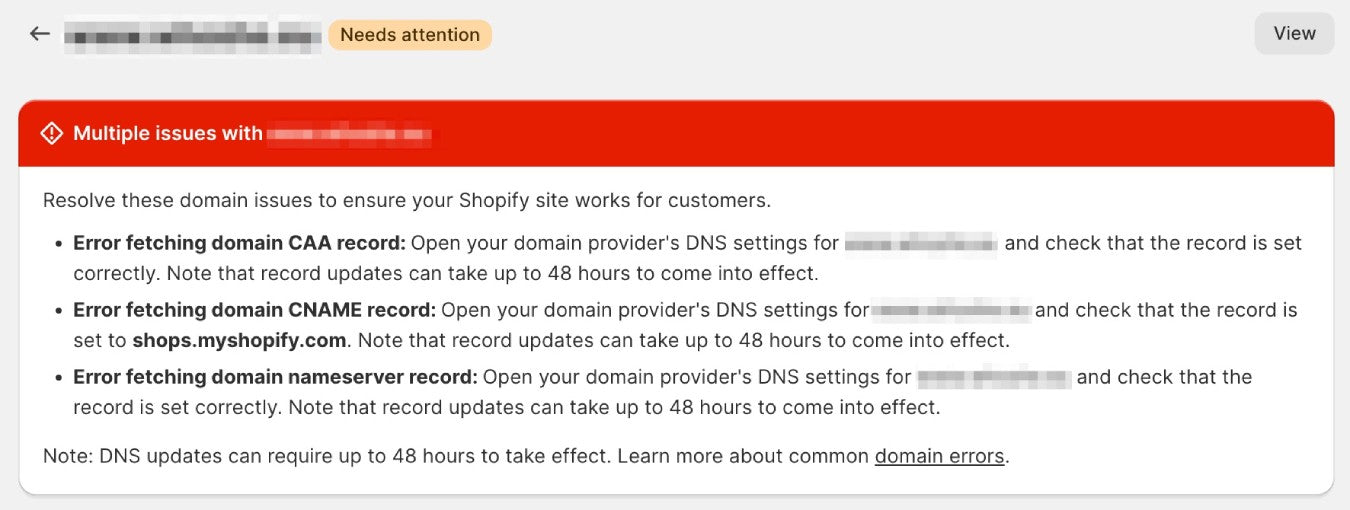 DNS issues Shopify