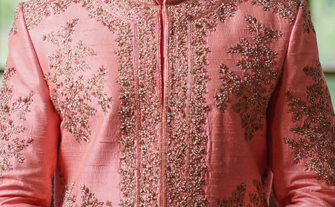 Peach sherwani in raw silk with zardoshi work - Raj Shah