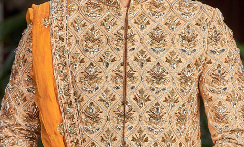 Cream sherwani in raw silk with 23 types of hand work - Raj Shah