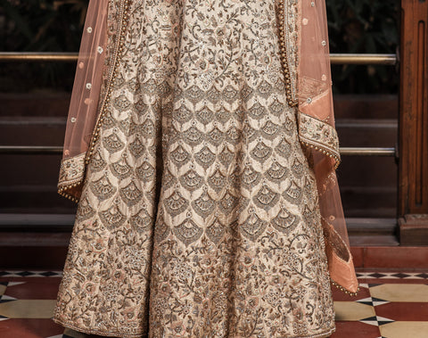 Cream bridal lehenga choli in raw silk with zardoshi work - Shreeman