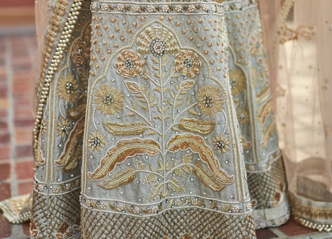 Sea green lehanga choli in raw silk with zardoshi and pearl work - Raj Shah