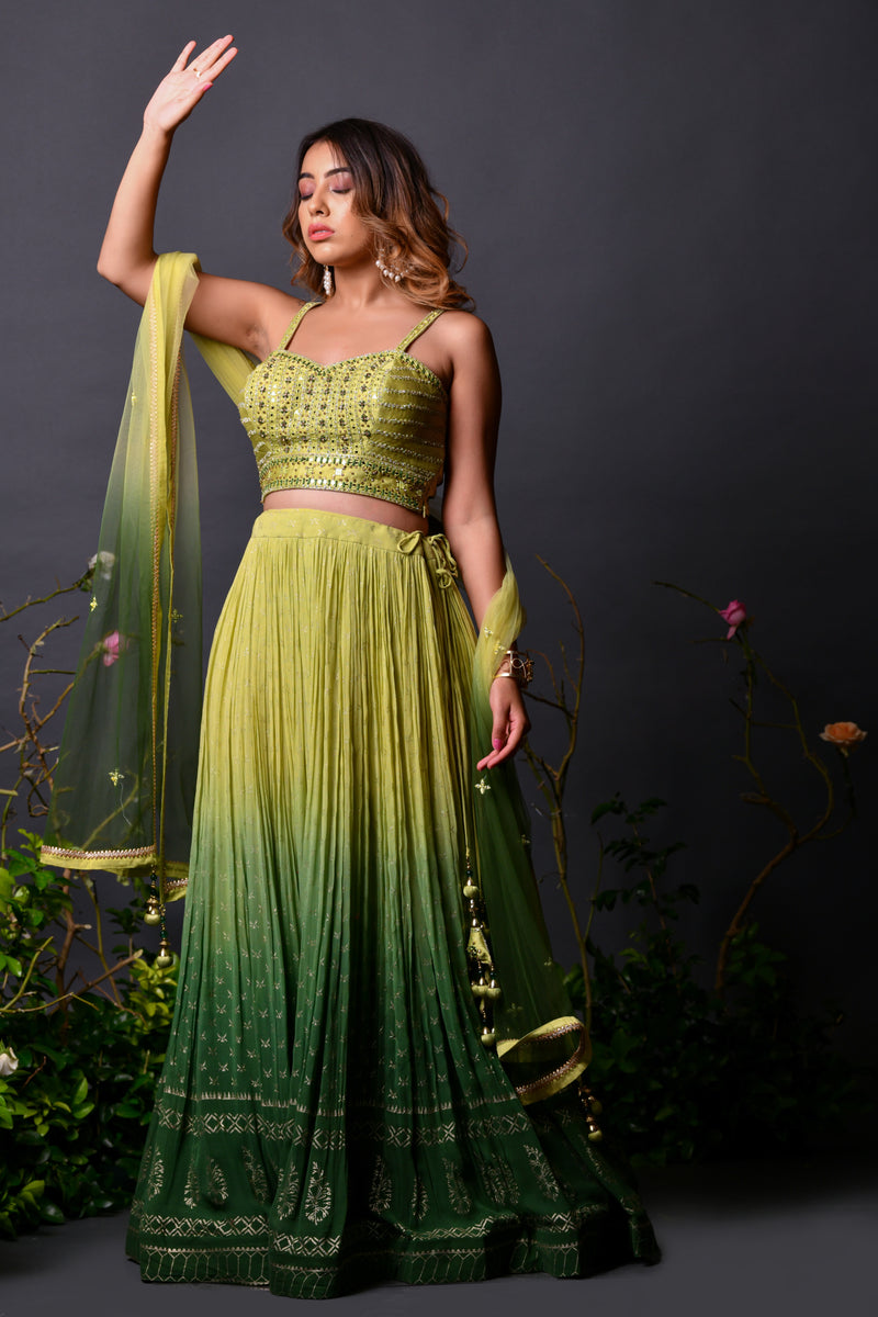 Buy Green  lehanga choli with zarodshi and mirror work Collection for Women - Shreeman