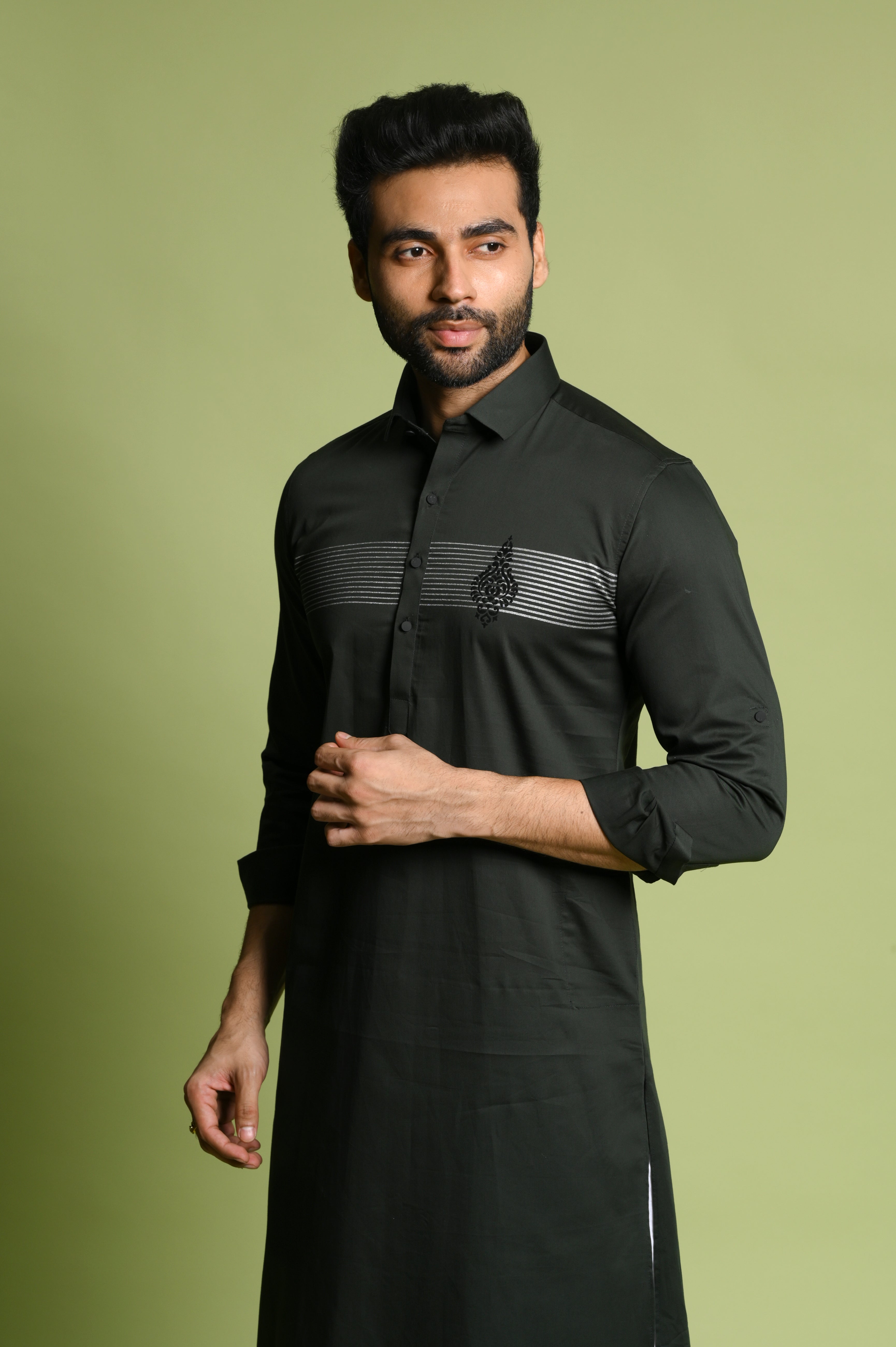 Green Slim Fit Pathani Kurta Paijama Set in Satin | Shreeman