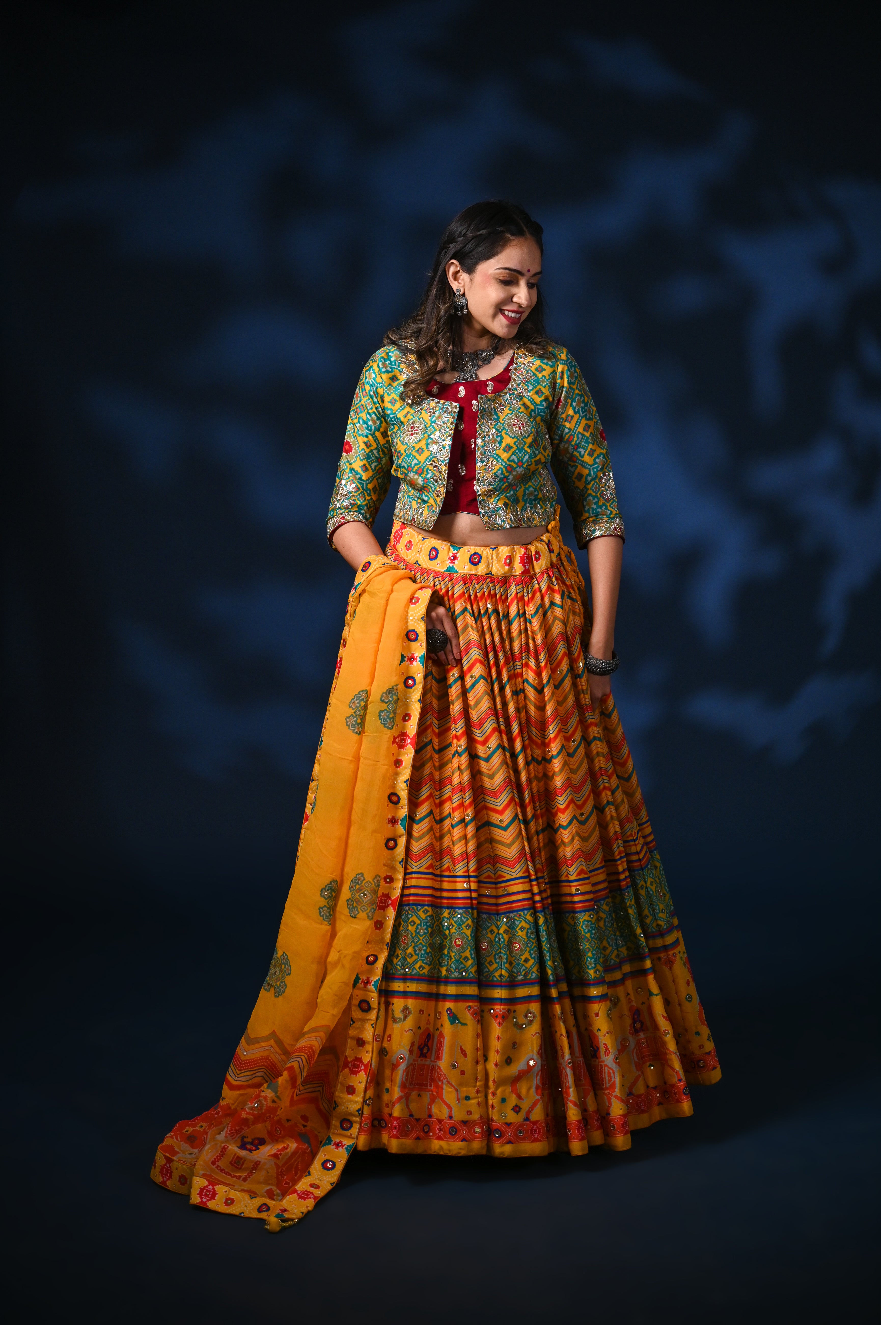 Buy Rani Geometric Print Silk Lehenga Choli with Jari and Toy Work