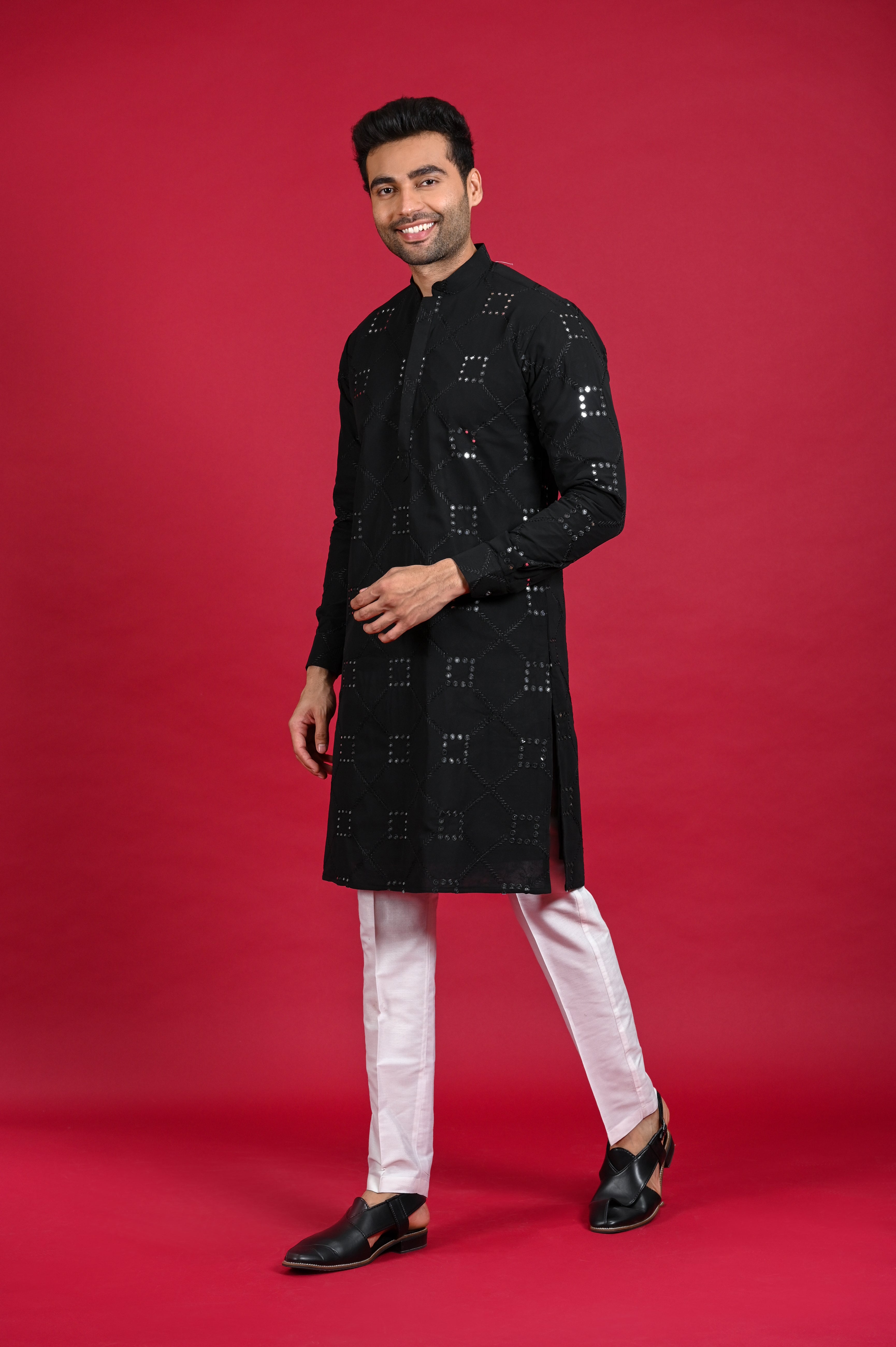 Black Silk Kurta Pajama with Mirror Work Shreeman