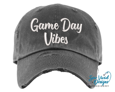 Game Day Vibes Hat | Distressed Baseball Cap OR Ponytail Hat - Sew Vivid Designs