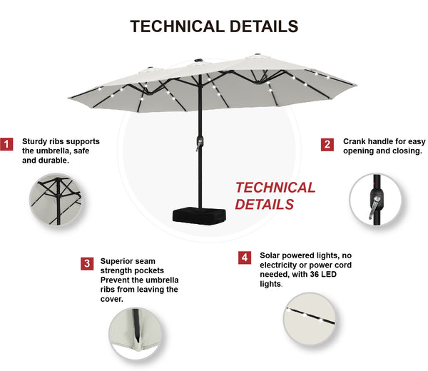 15FT Patio Umbrella with Solar Lights Double-Sided Large Umbrella Outd