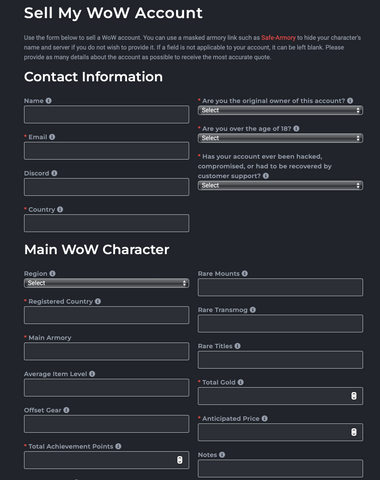 "Sell WoW Account" form fields