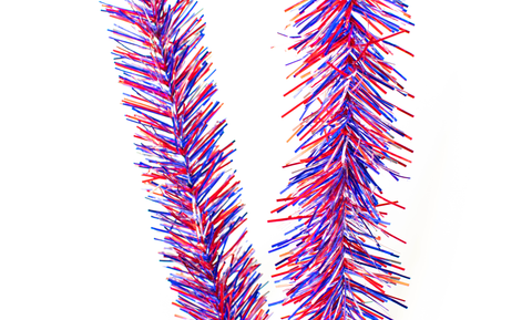 red, white, and blue tinsel garland sold in 25ft lengths from Lee Display