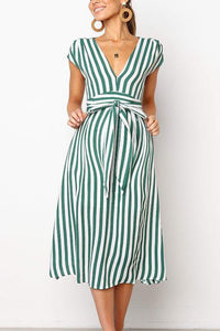 Maternity Deep V-Neck Stripe Casual Long Dress