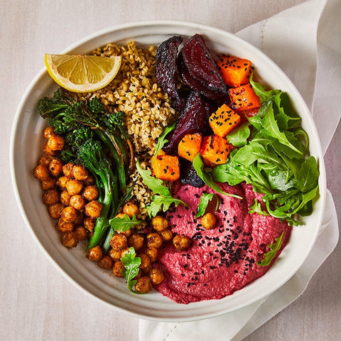 Beets Hummus and Roasted Vegetables Bowl