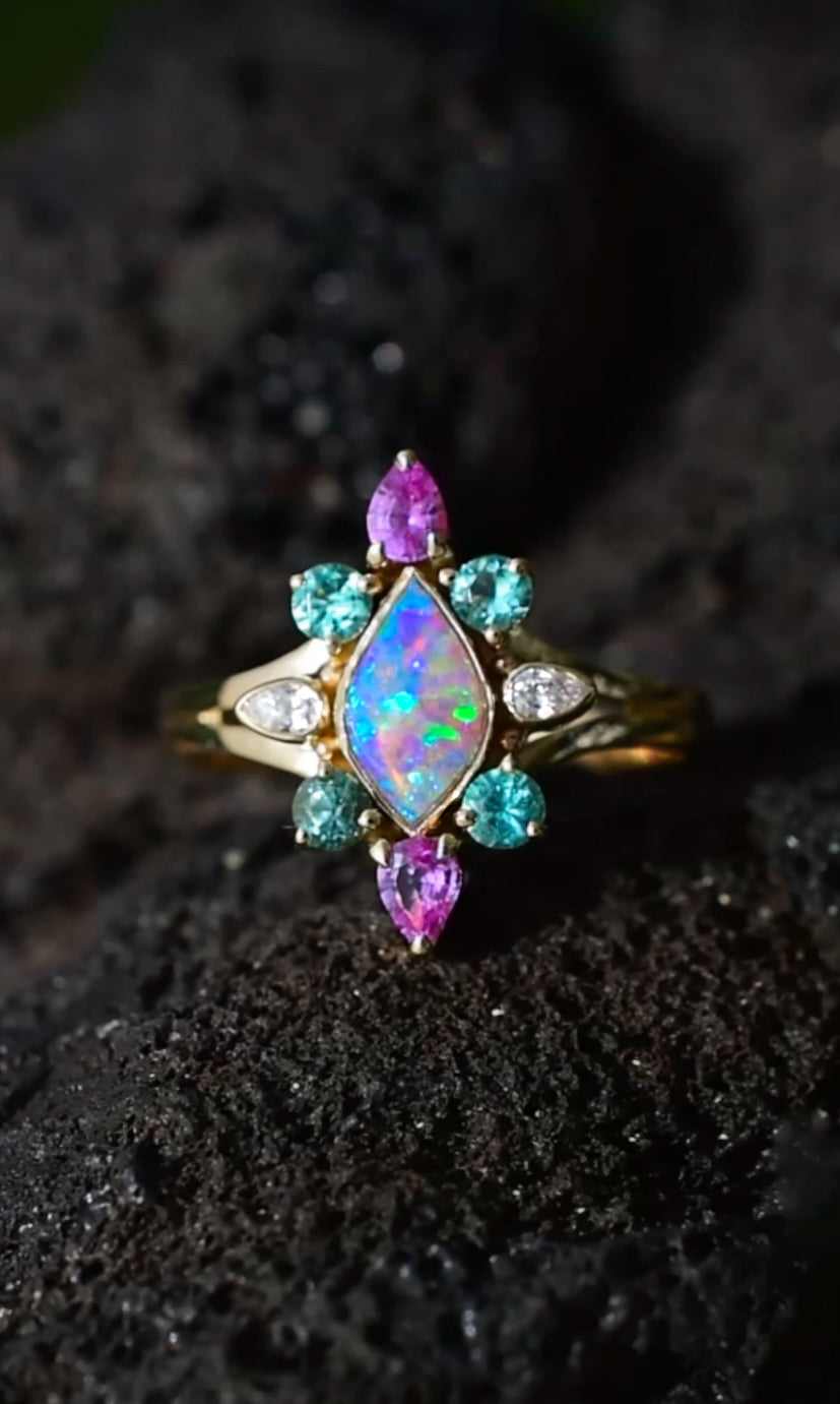 Australian Opal Innana Ring with Kite shaped Fuchsia Sapphire, Emeralds and Diamonds in solid 14k Yellow Gold