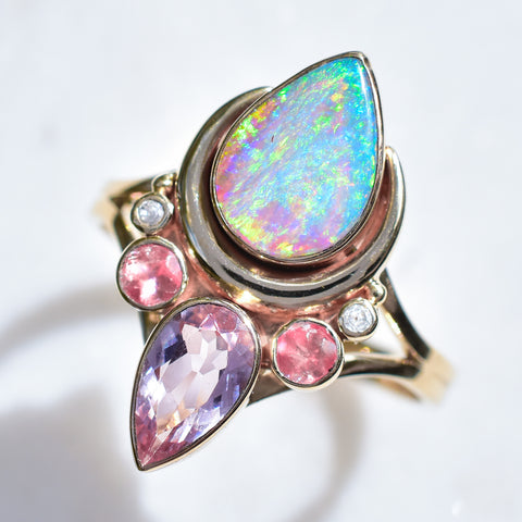 Anniversary ring gift, Opal and Morganite celestial ring