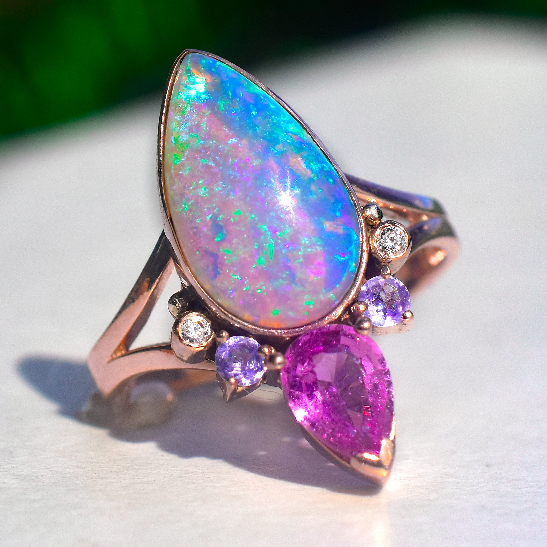 Big Amazing Australian Opal Lotus Bud Ring with Fuchsia Sapphire, Tanzanite and Diamonds in Rose Gold.