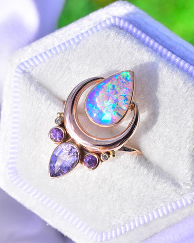 Opal and sapphire ring, celestial engagement ring