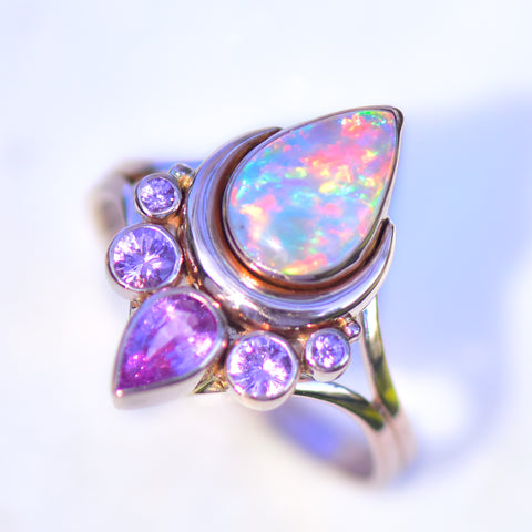 Alternative wedding ring, celestial opal and sapphire ring