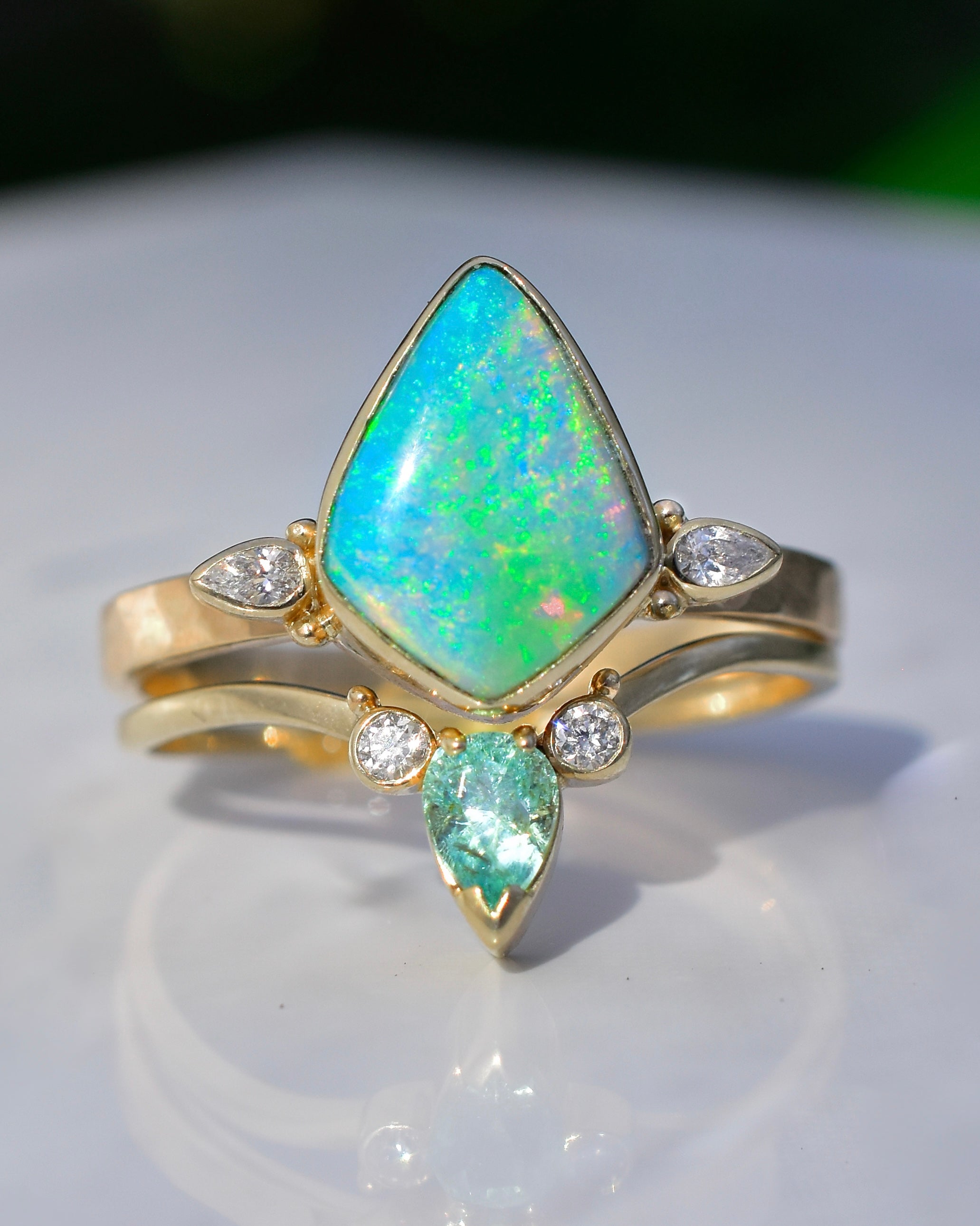 Minty Opal Two Piece Set, Alternative Wedding/Engagement Set With Mint Tourmaline and Diamonds in solid 14k Yellow Gold