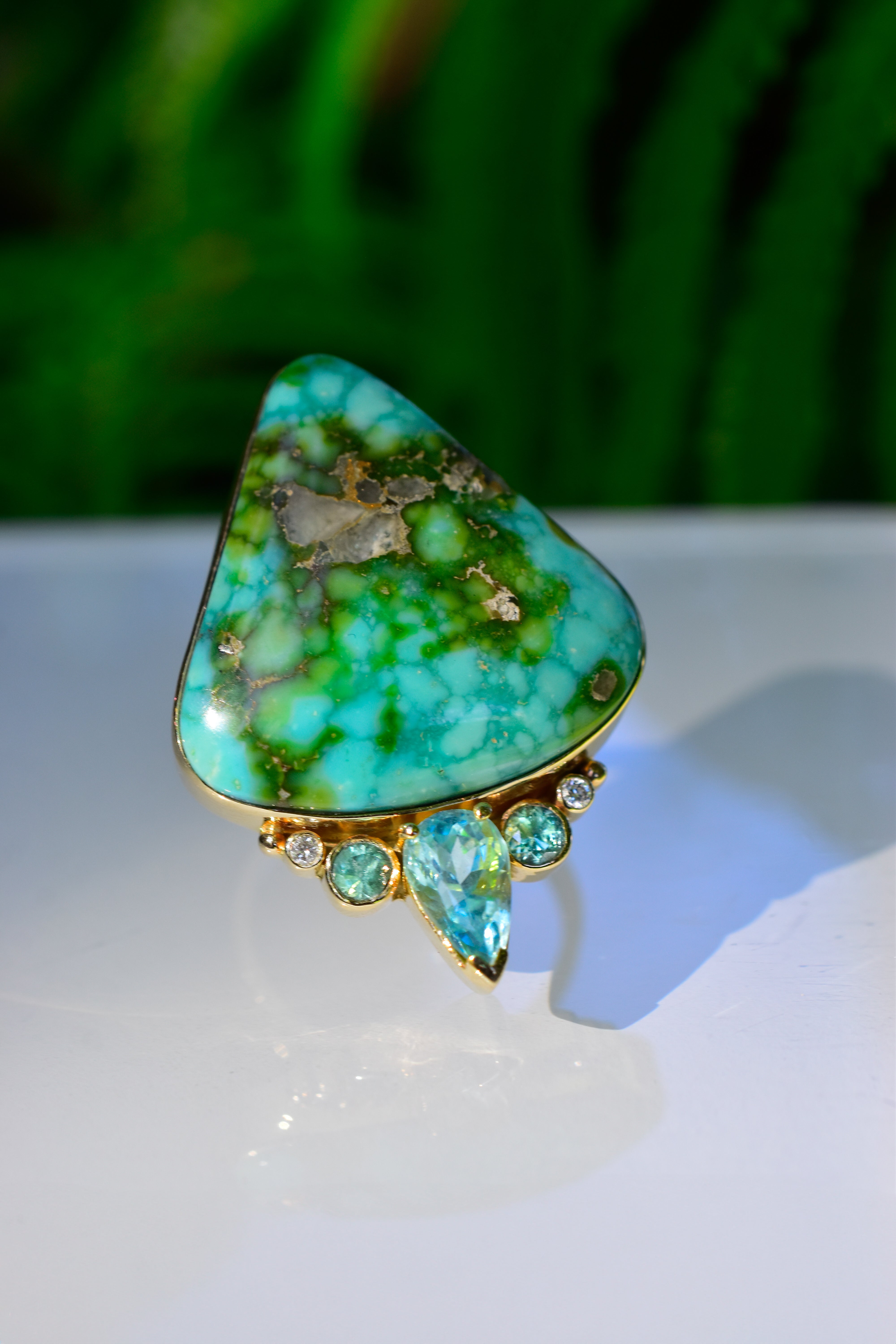 Sonoran Gold Turquoise Large Lotus Bud Ring with Green Tourmaline and Diamonds in solid 14k Yellow Gold.