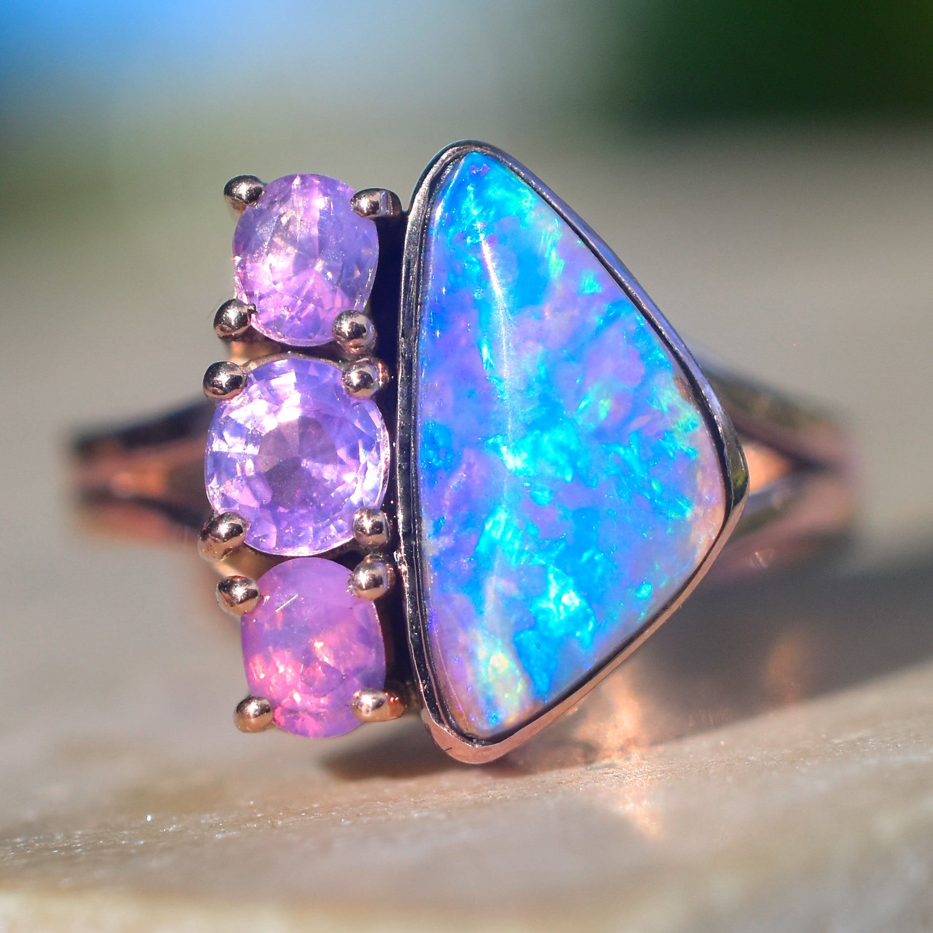 Horizontal Ring with Sonoran Gold Turquoise and Australian Purple Opal ...
