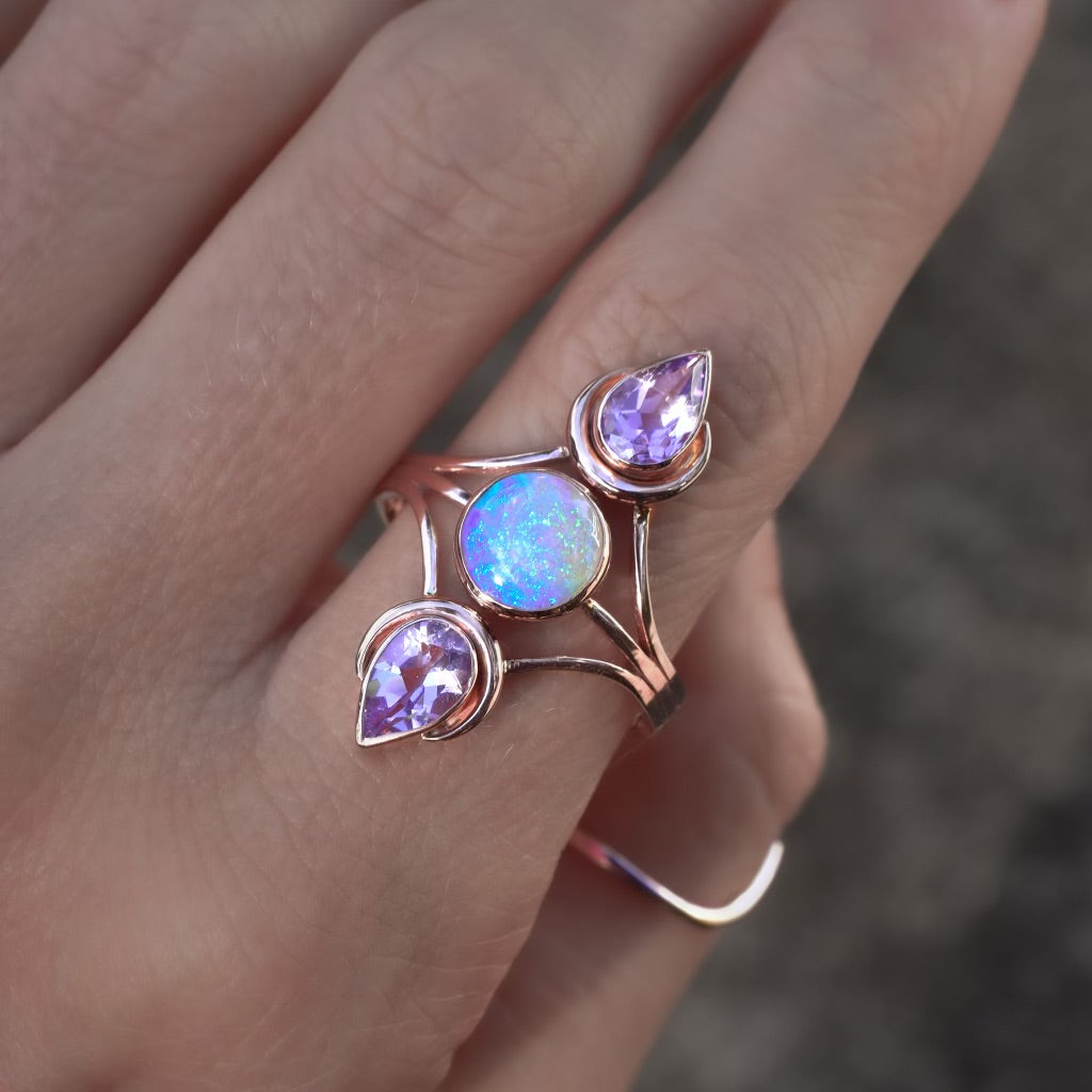 Australian opal and amethyst Vertical “Phases of the Moon” ring in solid 14k rose gold