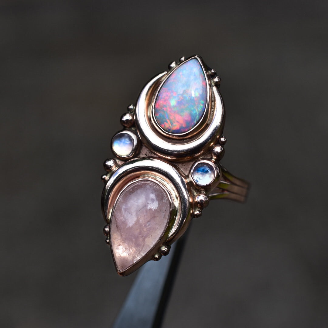Australian opal , morganite and moonstone La Luna ring in solid 14k rose gold with gold dots semi custom reserved