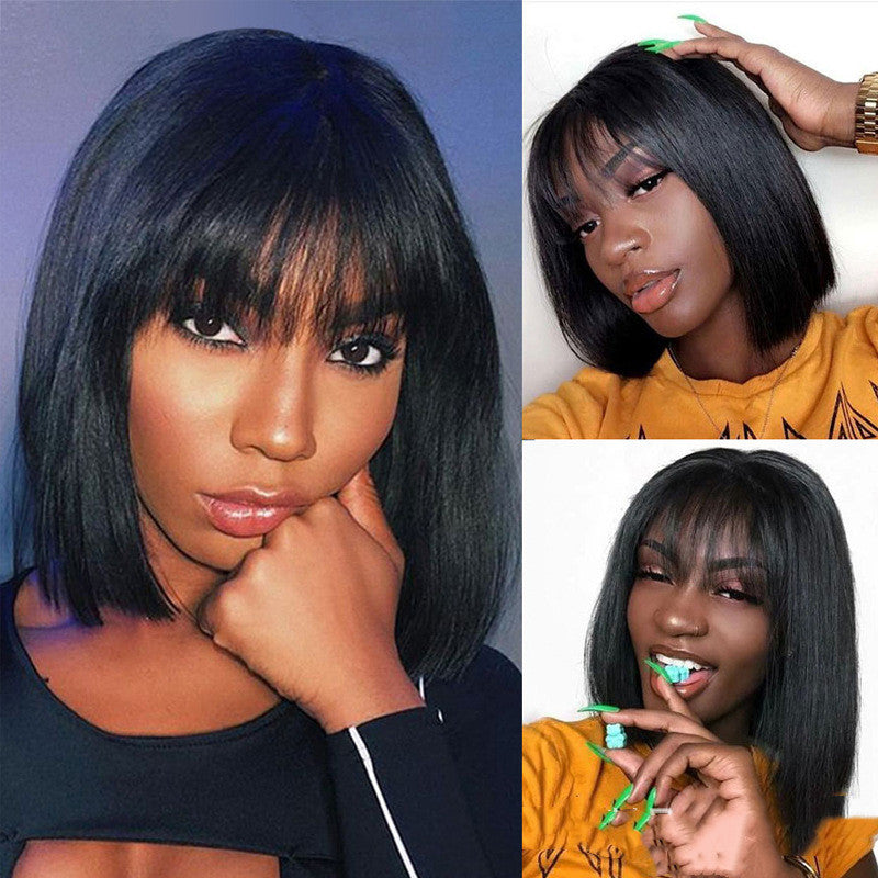 Bob Wigs Human Hair With Bangs Short Bob Straight Bang Wigs Human Hair For Women 150% Density Straight Glueless Bob Lace Frontal Wigs With Bang (14 Inch, Bob With Bangs)