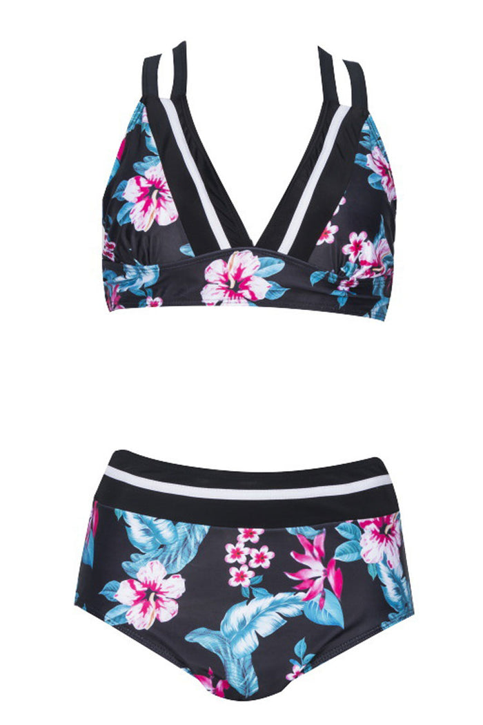Plus Size Tropical Cross Straps Back High Waisted Bikini Swimsuit ...