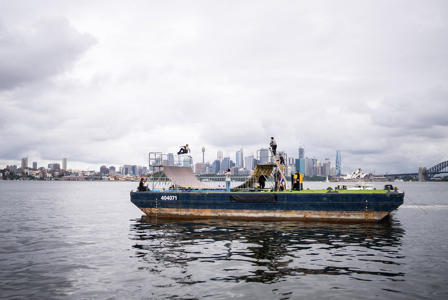 volcom harbour skate ramp on a barge