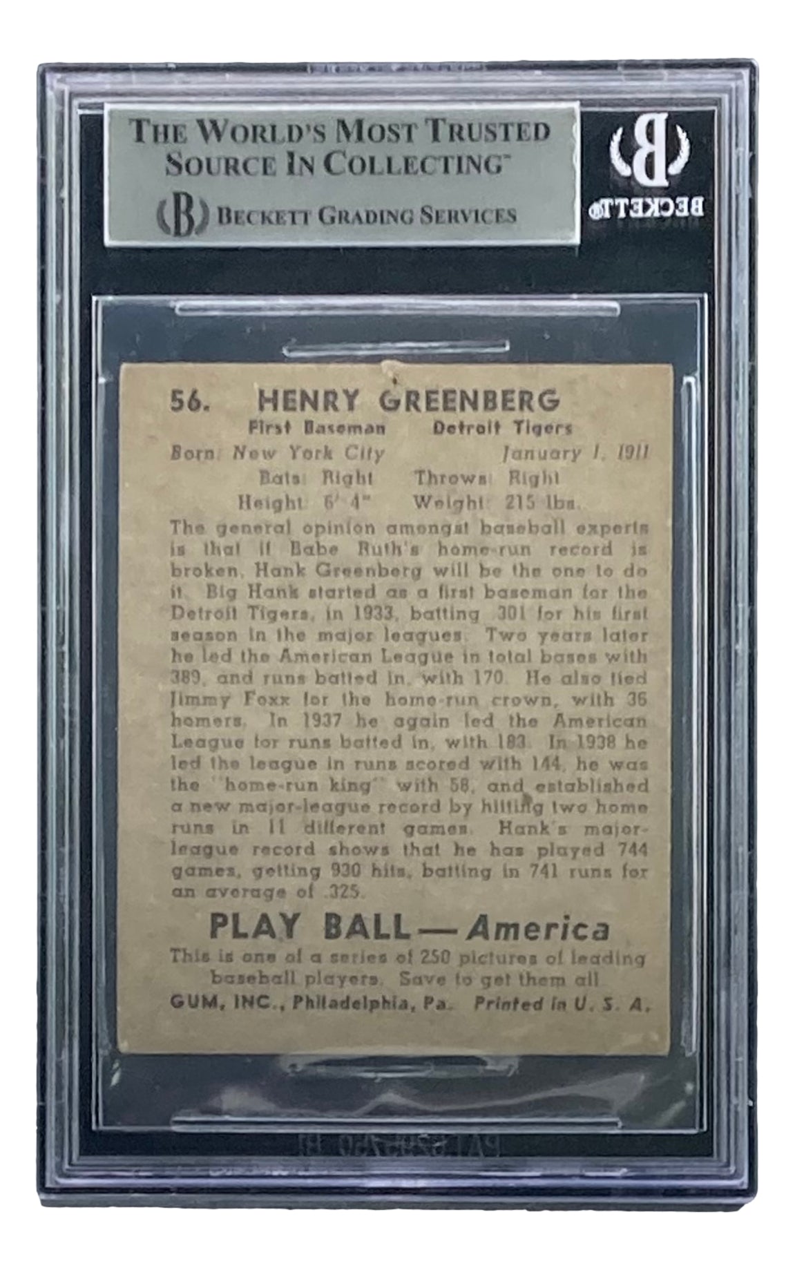 Hank Greenberg Signed 1939 Play Ball 56 Detroit Tigers Rookie Card Ba