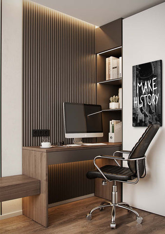 Small Corner Office Desk with a Motivational 'Make History' Canvas Artwork, Masculine Office Decor