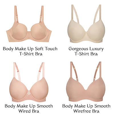 Four contour bras from Triumph Lingerie: Body Make Up Soft Touch Wired, Gorgeous Luxury T-Shirt Bra, Body Make Up Smooth Wired Bra, Body Make Up Smooth Wirefree Bra