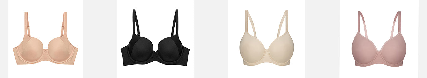 Wired bras to wear to work- featuring 2 beige and 2 black bras.