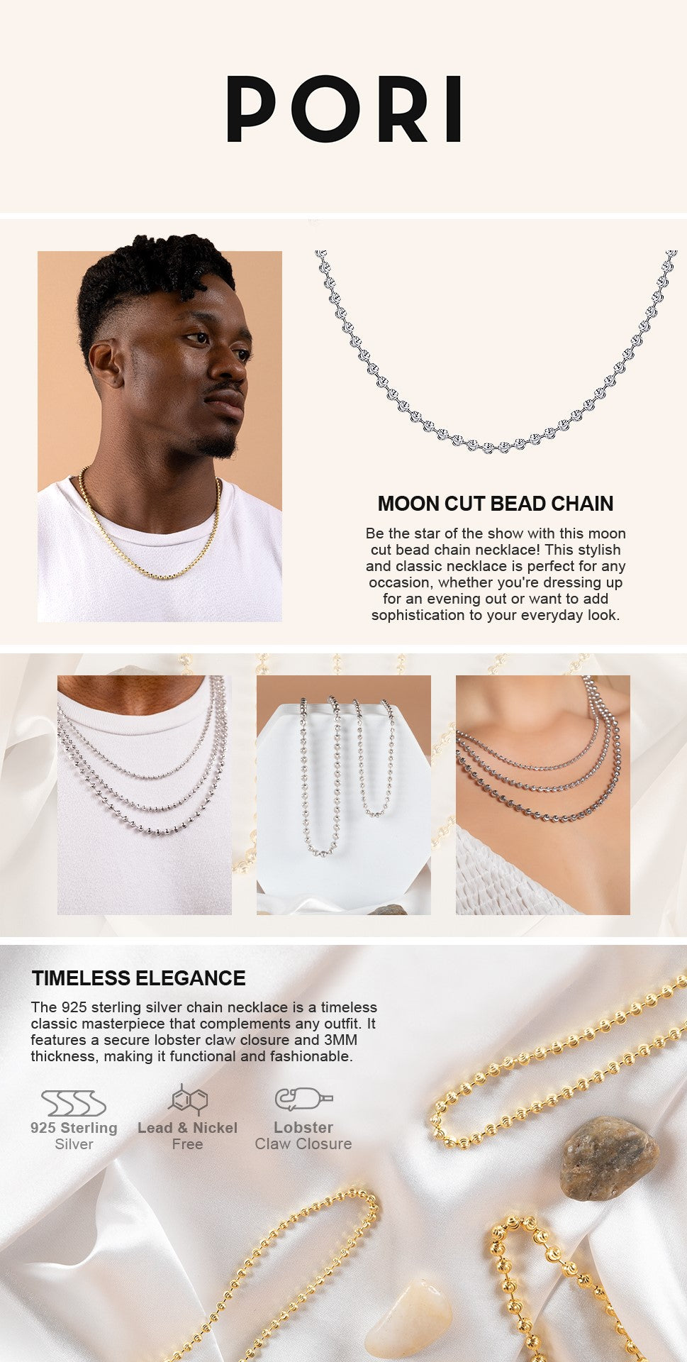 Silver 4MM Moon Cut Bead Chain Necklaces – Pori Jewelry