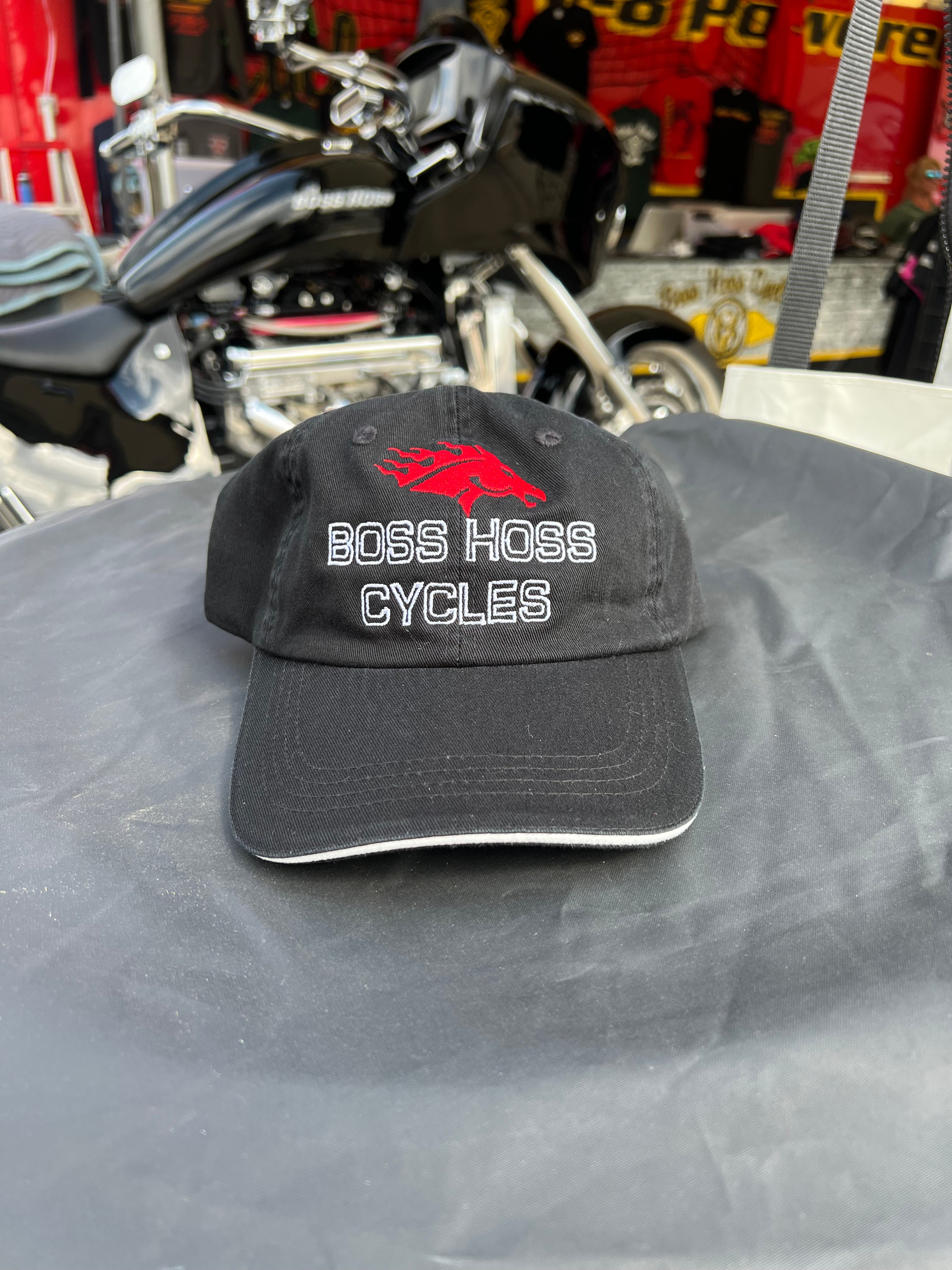 Black Boss Hoss Cycles Cap with Horsehead/Red w/Outline Lettering - Boss Hoss Store product image