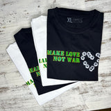 arch pile Make love not war white T-shirt bullet heart 