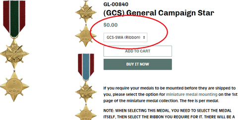 GCS miniature medal page where the cost of the ribbon, $0.00, is circled.