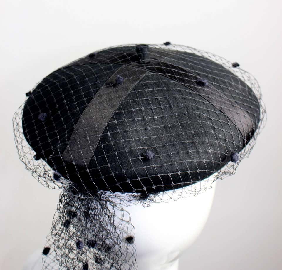 Rare Chanel Vintage Black Wool Beret Wedding Evening Veil