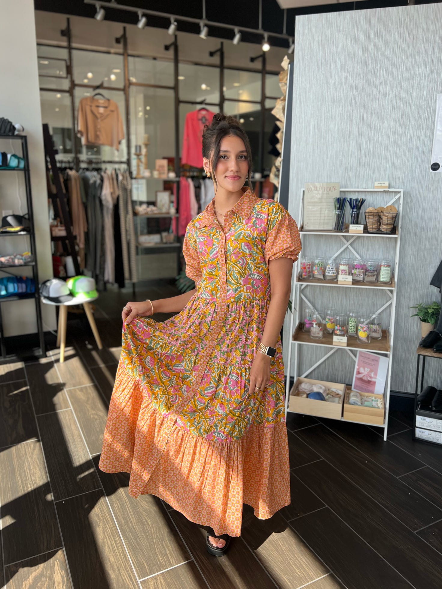 Mixed Print Button Down Puff Sleeve Maxi Dress