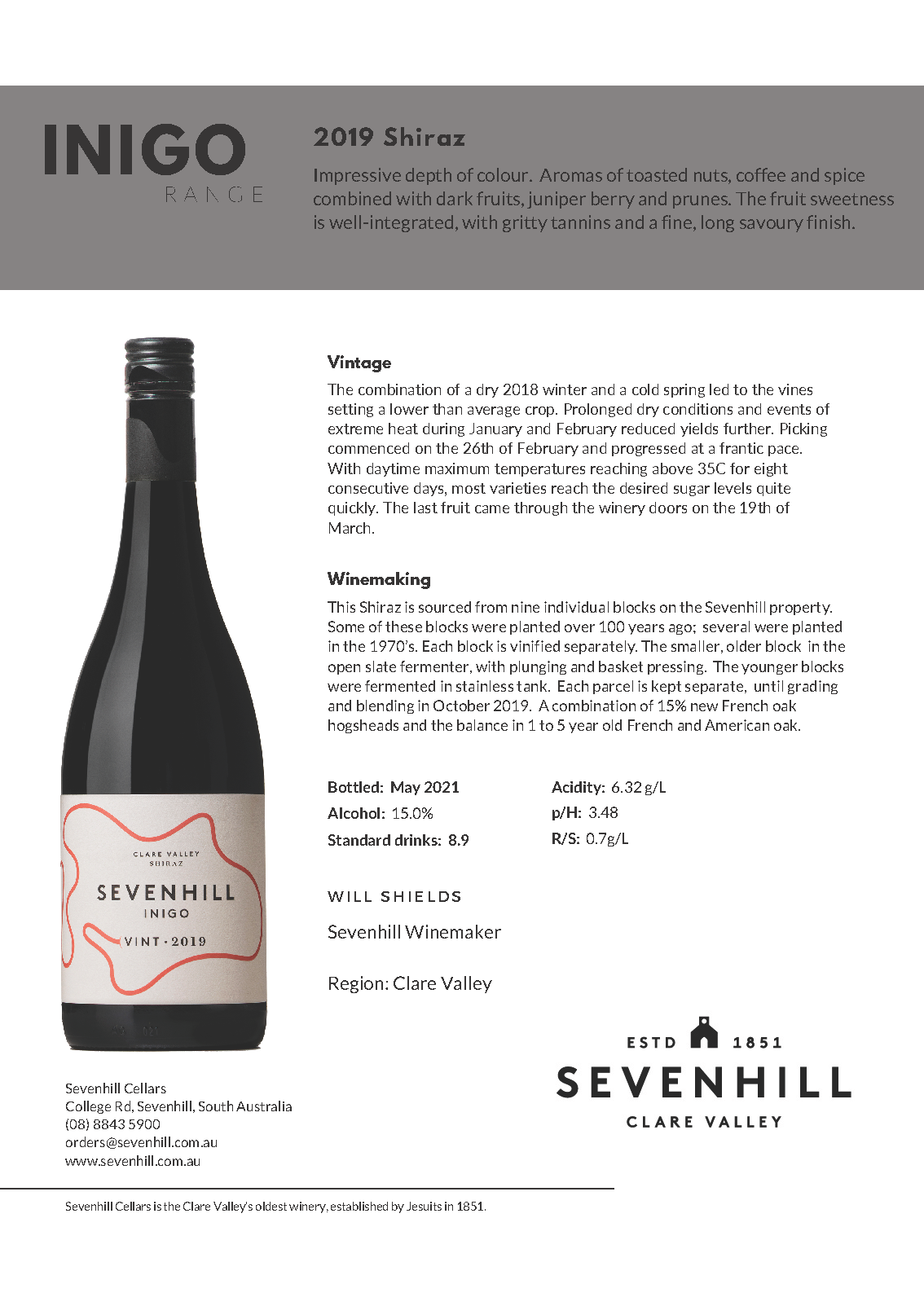 Sevenhill Inigo Shiraz-Limwood Gourmet