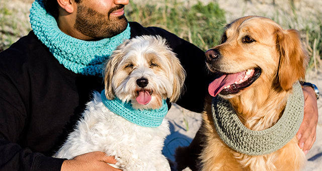 Valgray luxury dog accessory blog image for 6 Ways to Spice Up Your Daily Dog Walks With Valgray of 2 dogs and a human wearing Valgray handcrafted snood scarfs. The products in the image are the Valgray crocheted snood scarfs in Ocean Blue on a male human and small dog, and a Pepper grey snood on a large-sized dog standing in an outdoor luxury lifestyle picture.