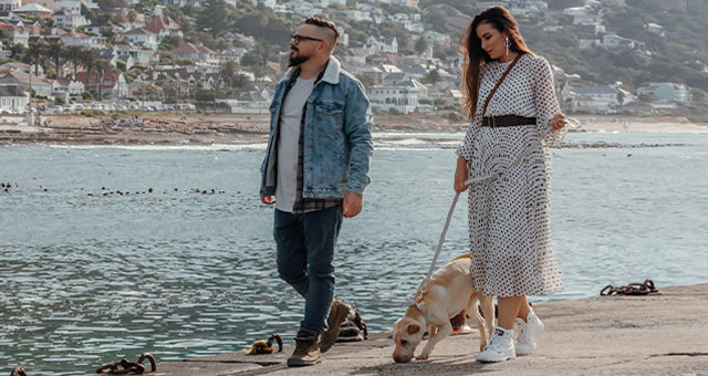 Valgray premium dog accessories Valgray, This Is Us! image of Marco and Rhodé & Juno, of Valgray luxury dog collars and leashes in South African. Image shows a man and a woman in a luxury lifestyle image in Cape Town, Southern Africa.