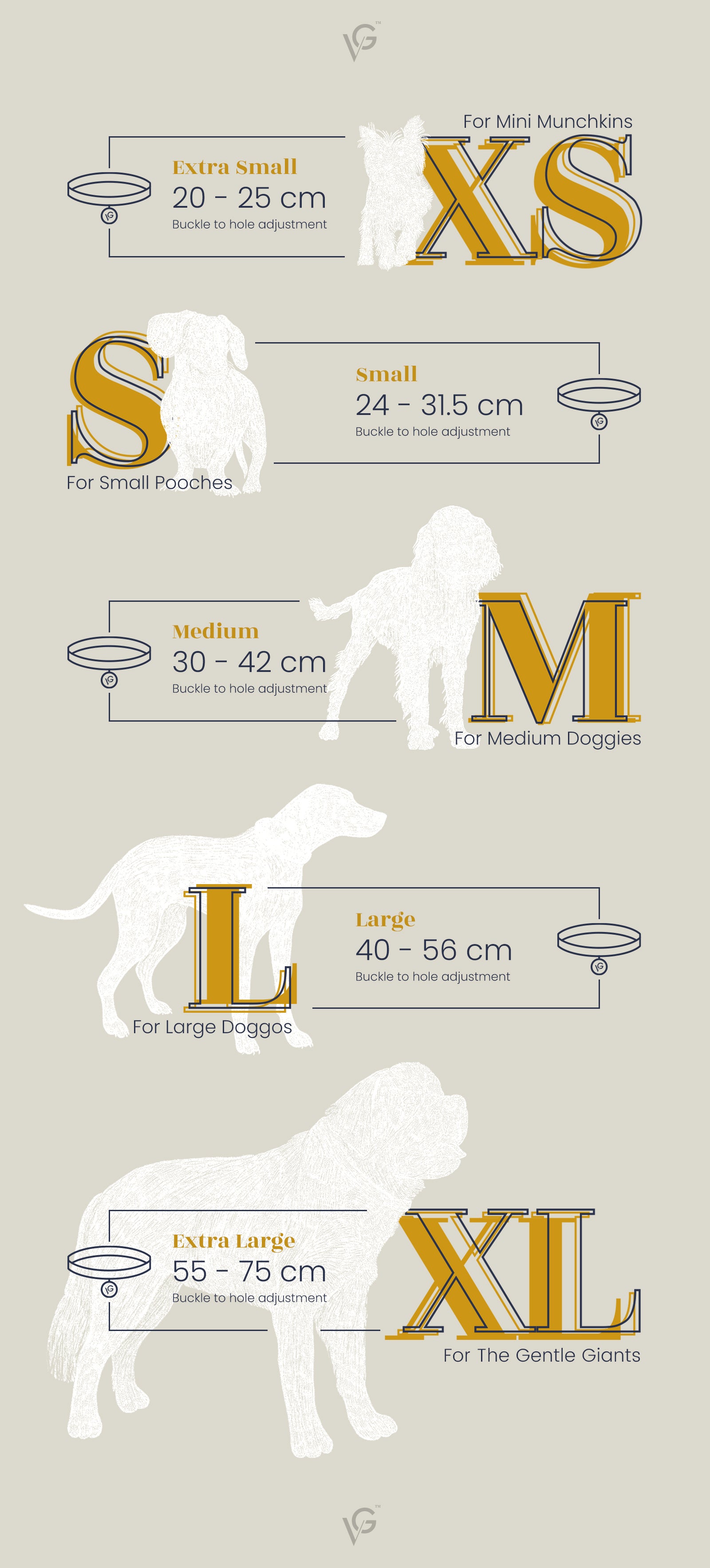 Valgray luxury dog accessory product sizing guide & sizing chart for extra large, large, medium, small and extra small dog collars. Image from The Valgray Collar Sizing Guide page.