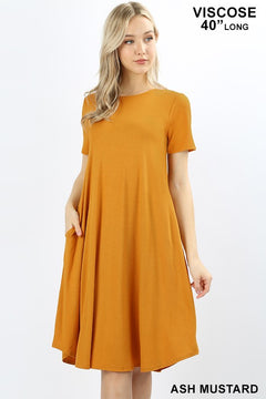 Solid Color Short Sleeve  Midi Dress W/Pockets Multiple Colors