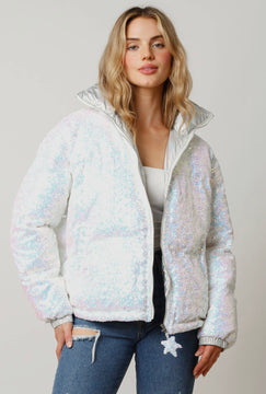 Sequin Puffer Jacket - White