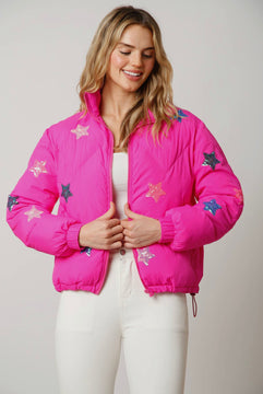 Pink Sequin Star Puff Jacket