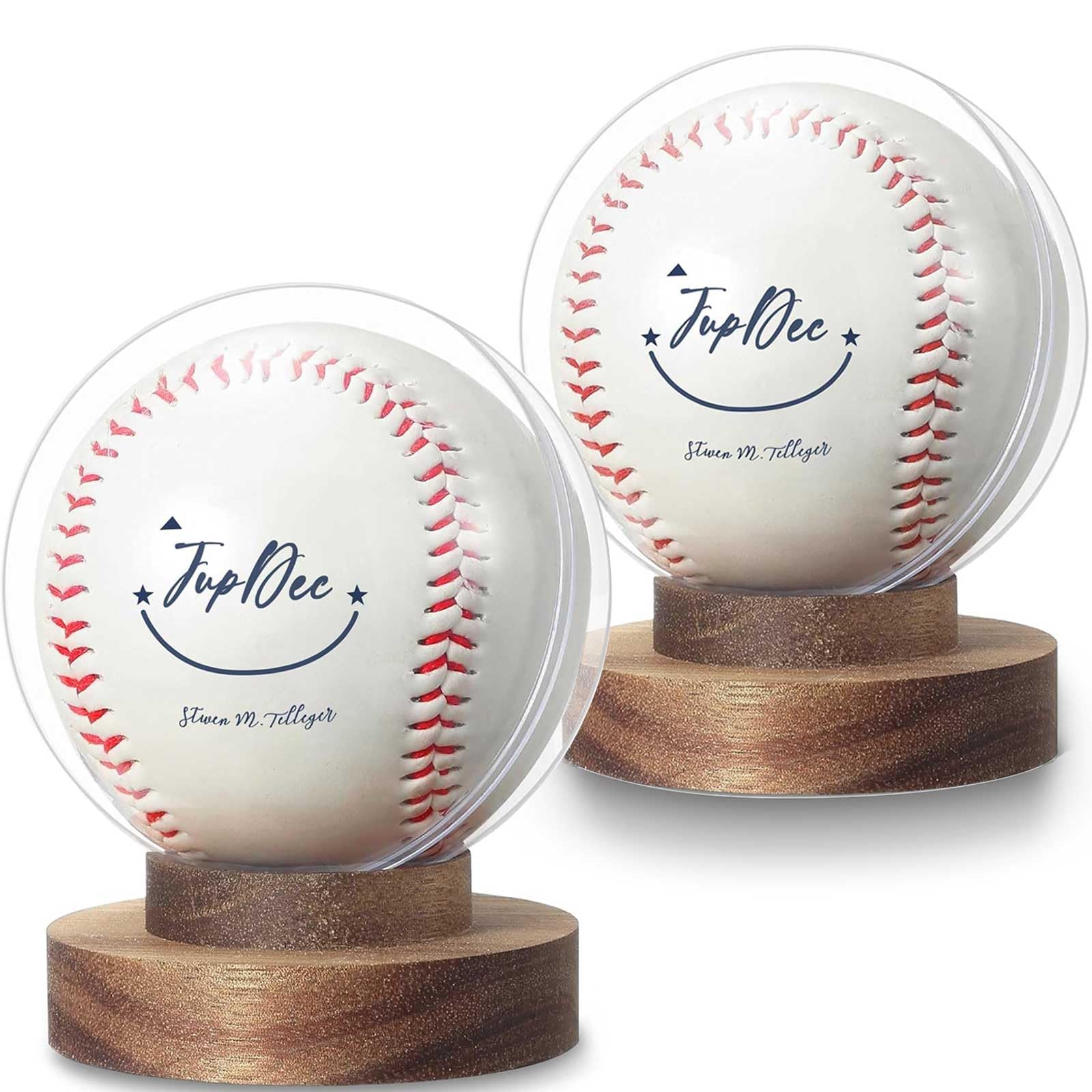 JupDec Baseball Display Case, Round Clear Ball Holder with Wooden Base, Autograph Baseball Stand Box for Single Ball, Acacia Wood, Brown
