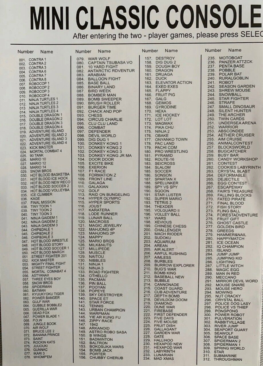 mini classic 620 games list