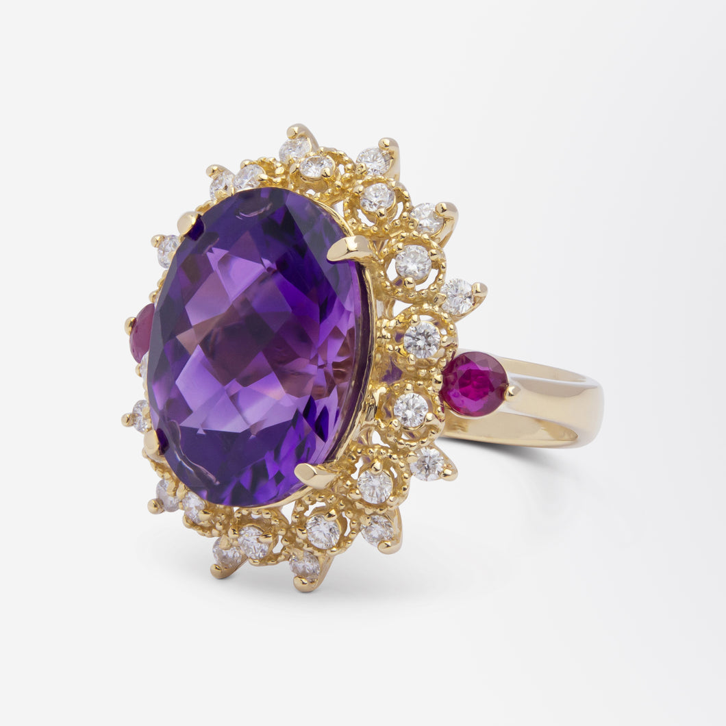 Gold, Amethyst, Ruby & Diamond Cocktail Ring