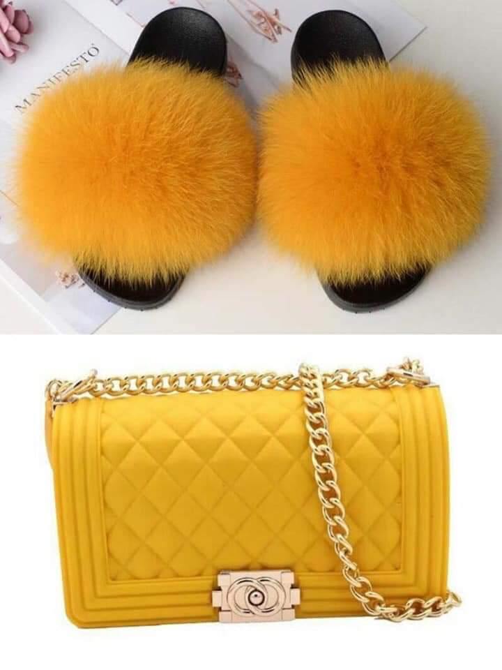 fur slides and matching purse